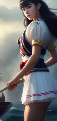 This phone live wallpaper features a bold and vibrant artwork portraying a fierce female character dressed in a sailor outfit and wielding a sword