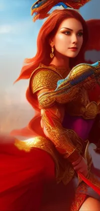 Looking for a fierce live wallpaper? Check out this concept art featuring a powerful woman adorned in heavy armor with red hair