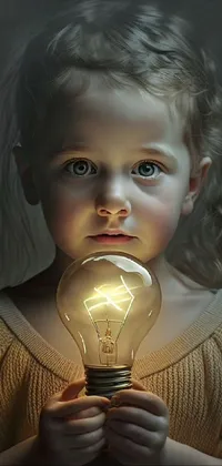 The phone live wallpaper features a captivating illustration of a little girl holding a glowing light bulb in her hands