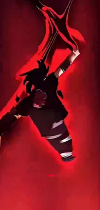 This phone live wallpaper features a man flying through the air with a sword in hand, illuminated by striking red lighting against a black background