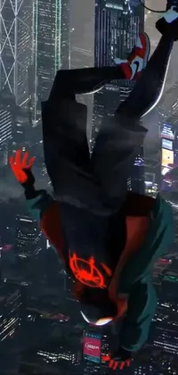 This live phone wallpaper features the popular superhero character Spider-Man soaring over a vibrant city skyline