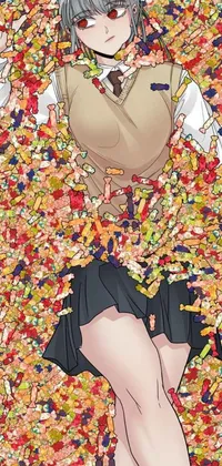 This lively phone live wallpaper features a stunning image of a woman reclining on a pile of sweet treats