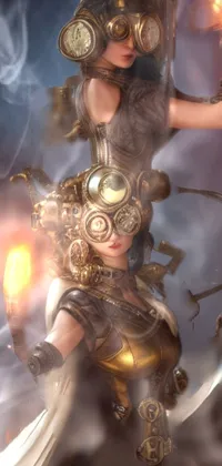 This stunning live wallpaper for your phone features a striking image of a beautiful steampunk goddess