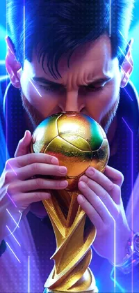 This phone live wallpaper features a captivating close-up of a hand holding a soccer ball, with intricate details bringing it to life