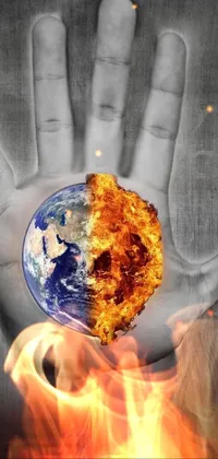 This live wallpaper features a nuclear-inspired, futuristic image of a hand holding a flaming earth