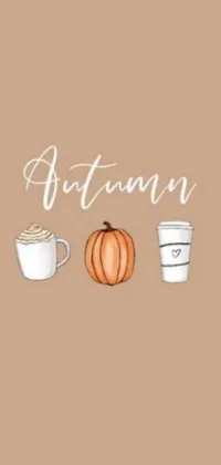 This phone live wallpaper showcases an autumn-themed illustration of a coffee mug and a pumpkin set against a brown background