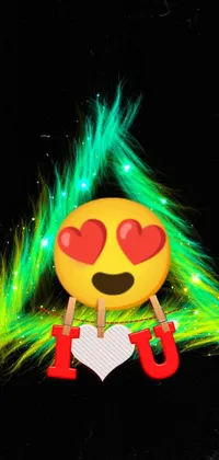 This phone live wallpaper is a creative and colorful design featuring a vibrant smiley face with green hair, heart effects, a Triforce symbol, and a neon atmosphere