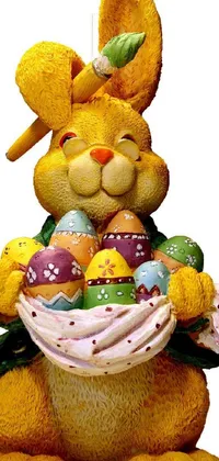 This lovely live wallpaper showcases a close-up of a charming stuffed animal, holding a basket of vibrantly colored eggs