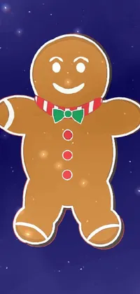 This phone live wallpaper features a charming gingerbread wearing a red bow tie against a pastel blue background