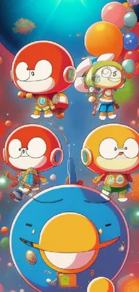 Transform your phone with this charming live wallpaper featuring a colorful group of cartoon characters floating before an otherworldly orange planet