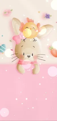 This vibrant phone live wallpaper features an adorable bunny perched on a smooth pink surface