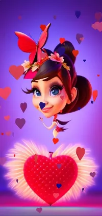 This lively phone wallpaper showcases a charming cartoon girl with a heart in hand as she soars through the air