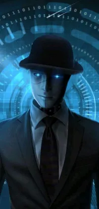 Get a futuristic look for your phone with this live wallpaper, featuring a sleek man in a suit and hat with his hands in his pockets