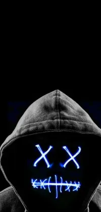 This live wallpaper features a mysterious design with a neon masquerade mask, a hoodie, X logo, and blue faced figures