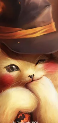 This live wallpaper displays a digital painting of a witch hat-wearing cat, featuring a portrait of a fennec fox animal
