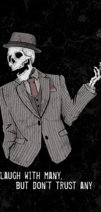 Looking for a phone live wallpaper that exudes cool in a hyper-detailed, manly design inspired by the mafia? This hilarious and ironic wallpaper features a skeleton smoking a cigarette in a sleek black suit with patterns and symbols in the background that hint at the ugly truth behind organized crime