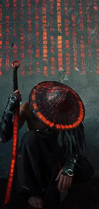 This phone live wallpaper depicts a cyberpunk-inspired scene of a person kneeling in front of a wall with Asian writing