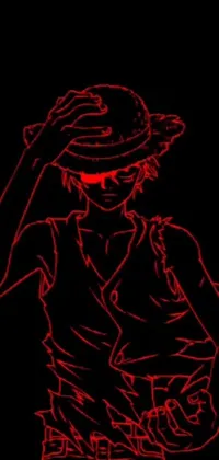 This phone live wallpaper features a striking anime drawing of somebody wearing a hat with a distorted pose and red neon light backdrop
