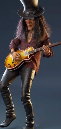 Get ready to rock with this stunning phone live wallpaper! Featuring a detailed 3D design of a guitar-playing man with long black hair, a top hat and an ultra-realistic rock star look, this wallpaper is sure to impress
