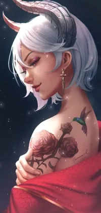 This crimson-themed phone wallpaper features a stunning female character with a tattoo on her arm and short white bobbed hair