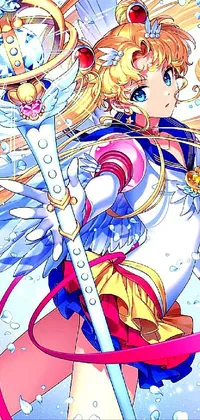 This lively phone wallpaper features an anime visual of a female superhero dressed in a sailor costume and holding a sword