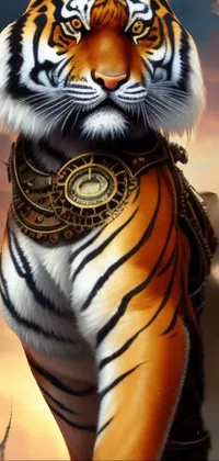 This live phone wallpaper features a stunning airbrush painted tiger sitting atop a wooden box with a detailed steampunk appearance