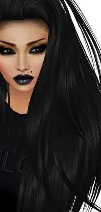 This phone live wallpaper features a stunning gothic art representation of a mysterious woman with long black hair, goth clothing, and dark blue lipstick