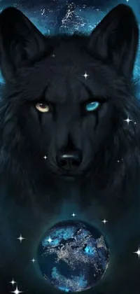 This phone live wallpaper features a fierce wolf with glowing eyes against a black and blue cosmic backdrop with a planet in the distance
