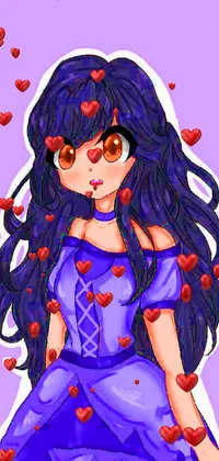 This lovely phone live wallpaper showcases a captivating anime girl wearing a magnificent purple dress, surrounded by the swirling hearts