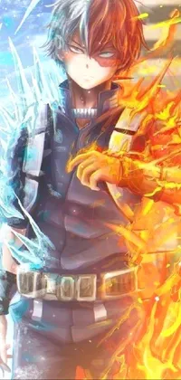 This phone live wallpaper showcases a beautiful anime drawing of a character standing before a warm and fiery blaze