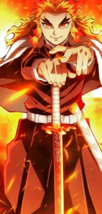This dynamic live wallpaper depicts a striking image of a sword-wielding man standing before a roaring fire, set against a sunny, blue-sky background