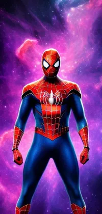 This phone live wallpaper showcases a stunning digital art image of Spider-man against a galaxy background
