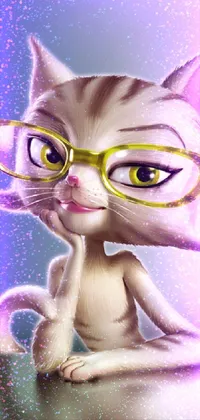 This live wallpaper for your phone boasts a trendy vector art design of a smart and trendy cat wearing glasses who sits contentedly on a table
