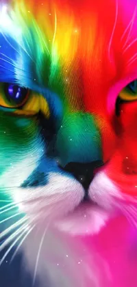 This phone live wallpaper features a mesmerizing, colorful cat's face with a fantasy 80s vibe