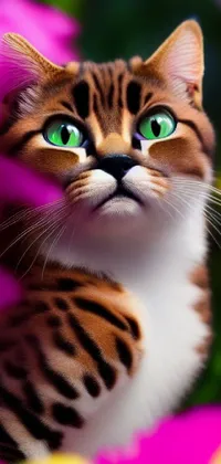 This beautiful live wallpaper showcases a cute cat in a meadow surrounded by blooming flowers, incorporating a bokeh effect for a dream-like ambiance