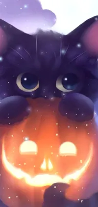 Get into the spooky spirit with this black cat live wallpaper! Designed in furry art style, the detailed black cat sits comfortably atop an orange pumpkin, adding seasonal flair to your phone background
