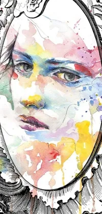 This live wallpaper for your phone features an intriguing watercolor illustration of a woman's face reflected in a distorted mirror