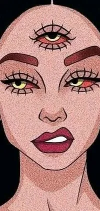 This phone live wallpaper features a vibrant, lowbrow drawing of a woman with yellow eyes wearing psychedelic Wicca and sporting red contacts