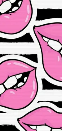 This phone live wallpaper is a stunning pop art design with pink lips on a black and white striped background