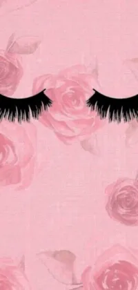This phone live wallpaper boasts a stunning image of black eyelashes intertwined with blooming pink and white roses against a pastel pink background