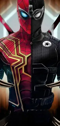 This phone live wallpaper showcases a bold image of a superhero in a striking Spider-Man costume