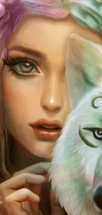 This live wallpaper features a digital painting of a woman and a white wolf in a fantasy-inspired setting