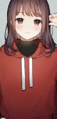 This lively phone wallpaper features a long-haired girl sporting a red hoodie and face mask, holding a smartphone against a cityscape backdrop