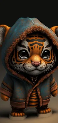 This phone live wallpaper features a close up of a tiger wearing a hoodie, making for a cute and fierce addition for the mobile wallpaper