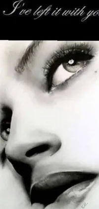 This phone live wallpaper showcases a monochrome portrait of a woman's face rendered in photorealistic detail