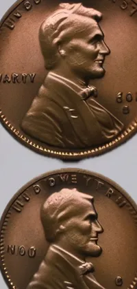 This stunning phone live wallpaper showcases a macro photograph of two shiny pennies placed on a white surface