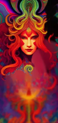 Looking for a stunning live wallpaper for your phone? Check out this ultra-detailed painting of a fiery red-haired woman with wings! This psychedelic artwork appears as a fire goddess, with a glowing rainbow face that really pops