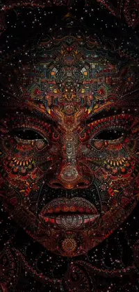 Experience an extraordinary live wallpaper for your phone, featuring a captivating woman's face embellished with intricate designs, overlaid with digital artwork inspired by psychedelic, futuristic and celestial themes