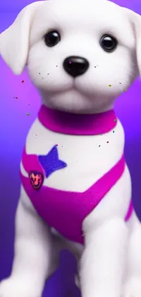 This phone live wallpaper features a toy dog wearing a bandana, in a Lisa Frank-inspired pop art style