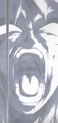 This phone live wallpaper showcases a striking black and white manga-style drawing of a man with an open mouth, captured in an intense howling moment